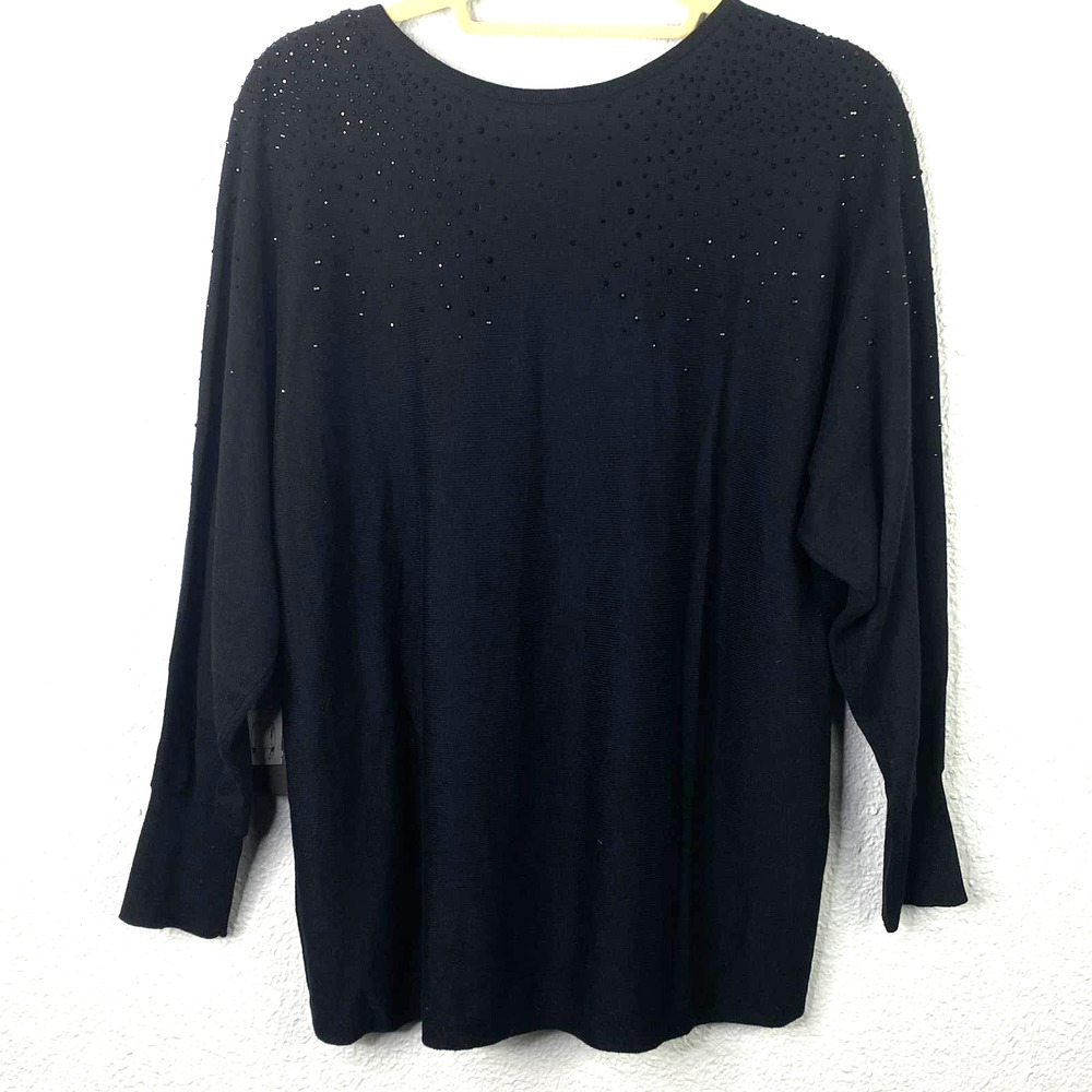 Vince Camuto Beaded Sweater 1X Womens Plus Black V Back Raglan Sleeve